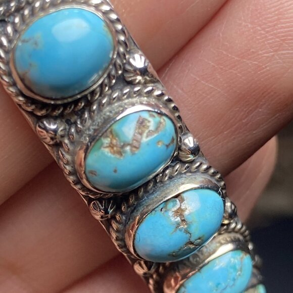Signed S Navajo Artist Sterling Silver Bracelet REAL Turquoise 2" wide 6" around - Picture 5 of 7